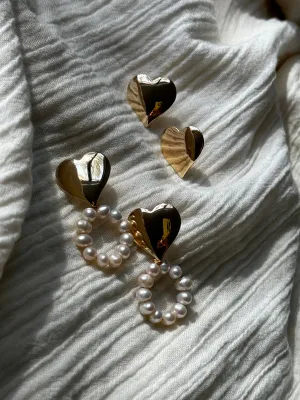 Pearl drop big heart earrings