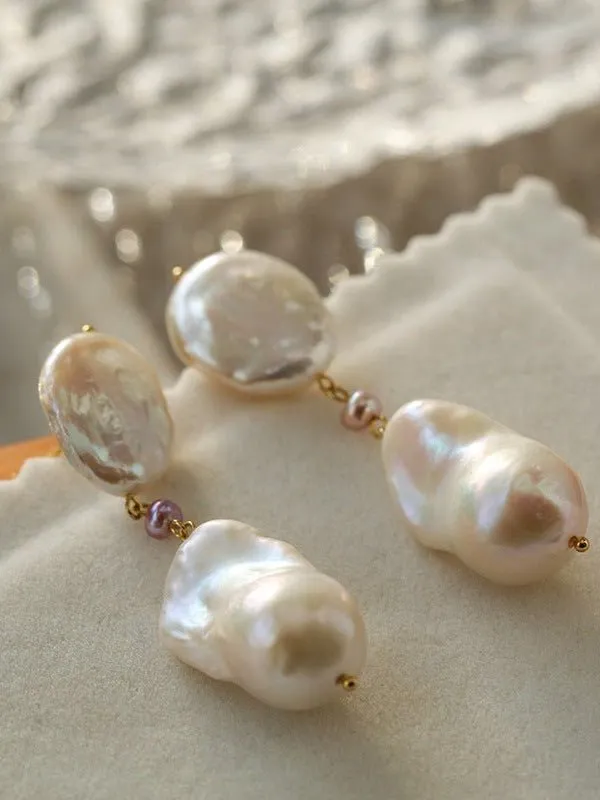 Pink Accent Baroque Pearl Trio Drop Earrings