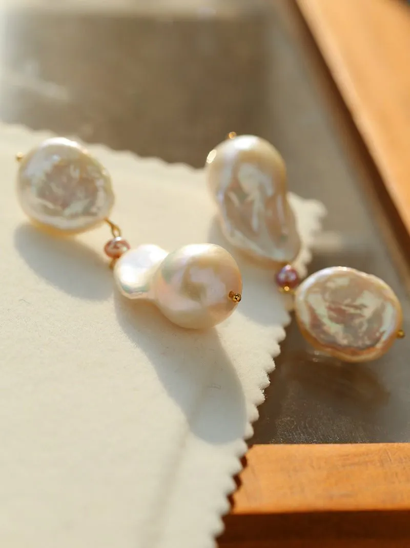 Pink Accent Baroque Pearl Trio Drop Earrings