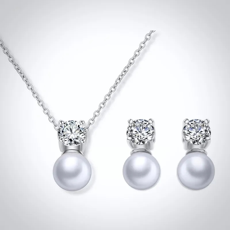 "Amarra" - Pearl and Cubic Zirconia Jewelry Set - Available in Silver and Rose Gold