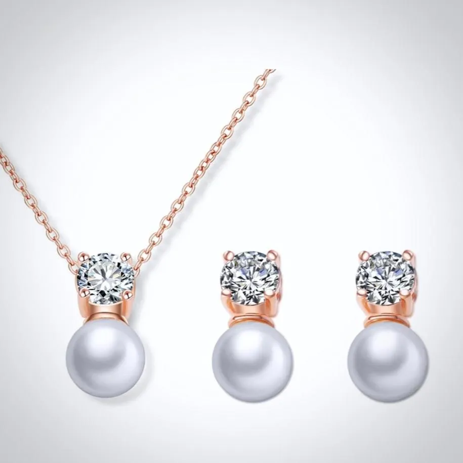 "Amarra" - Pearl and Cubic Zirconia Jewelry Set - Available in Silver and Rose Gold