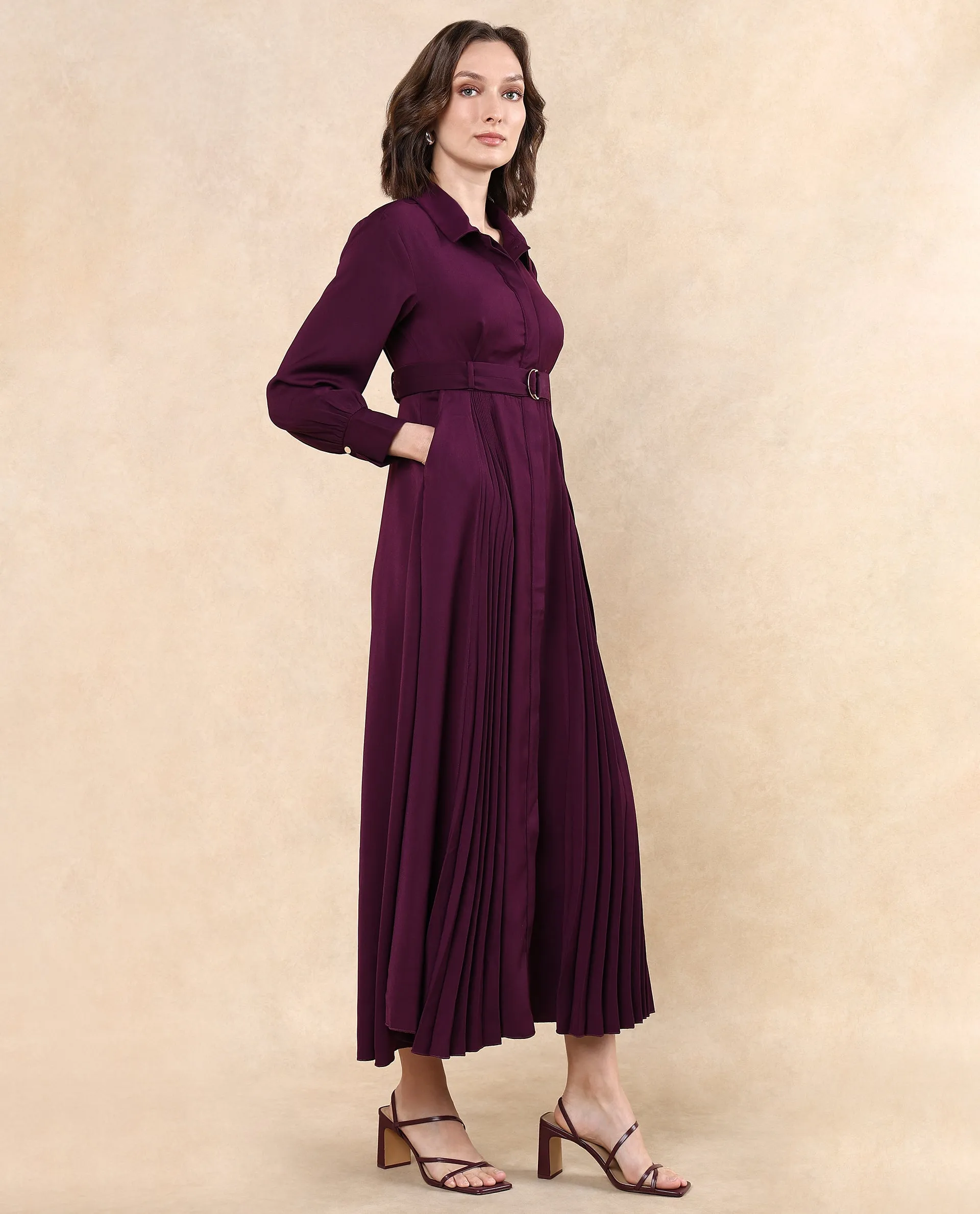 Rareism Women Vanadzor Purple Polyester Fabric Bishop Sleeve Collared Neck Button Closure Flared Maxi Plain Dress