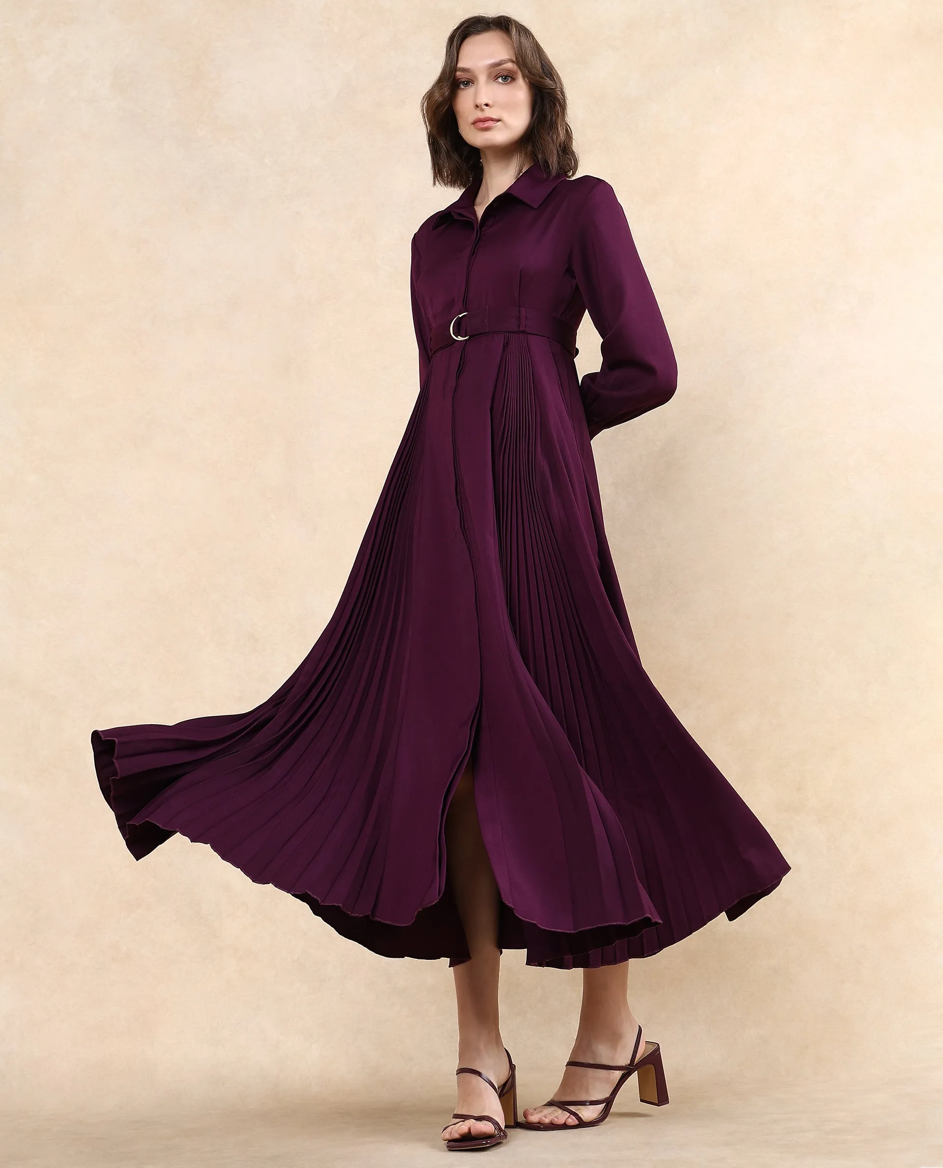 Rareism Women Vanadzor Purple Polyester Fabric Bishop Sleeve Collared Neck Button Closure Flared Maxi Plain Dress