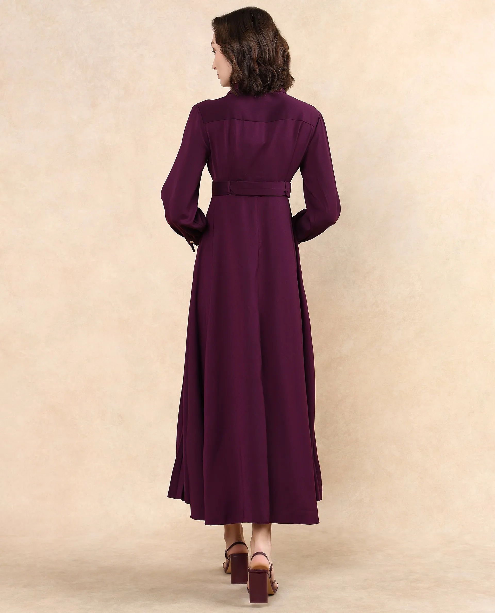 Rareism Women Vanadzor Purple Polyester Fabric Bishop Sleeve Collared Neck Button Closure Flared Maxi Plain Dress