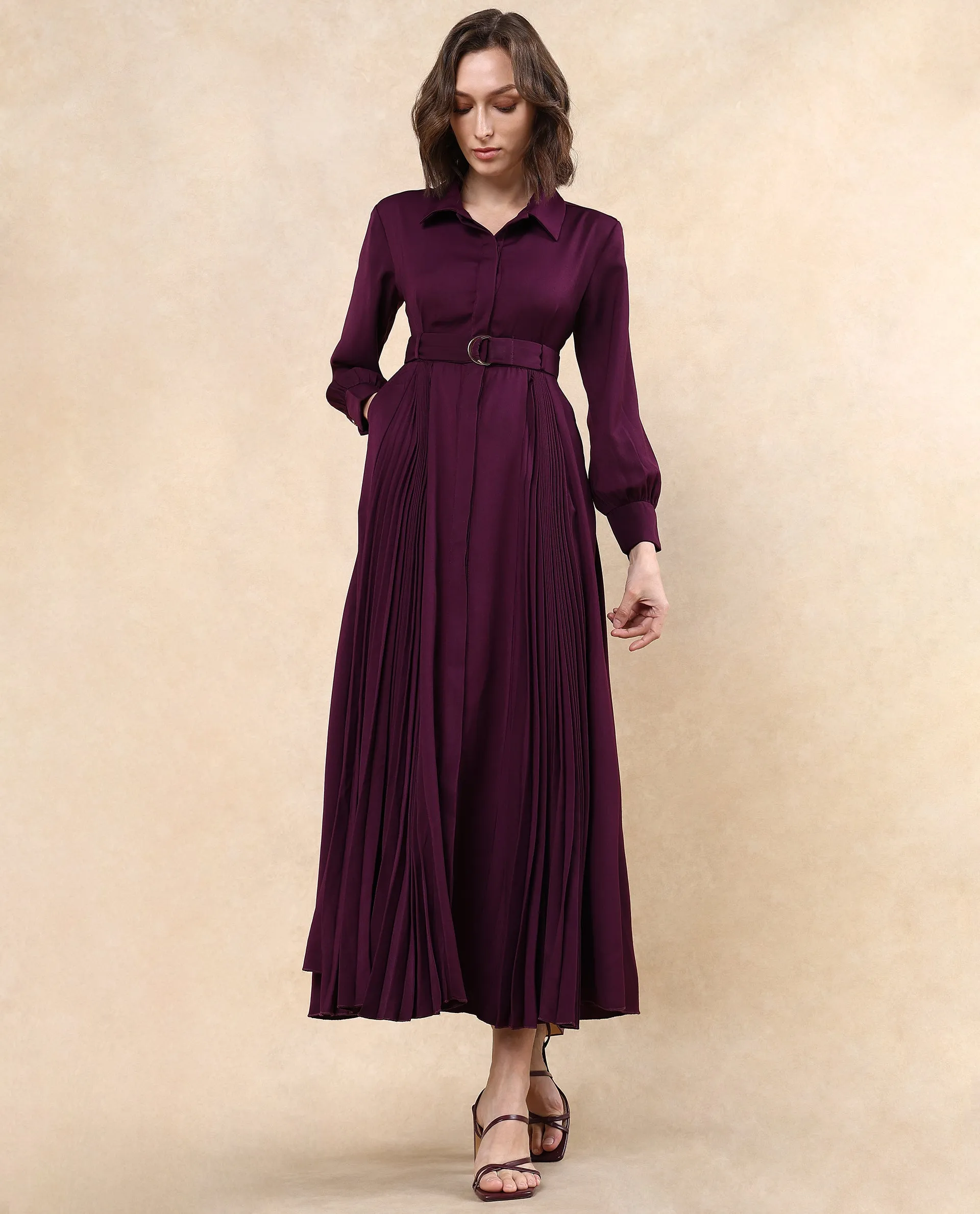 Rareism Women Vanadzor Purple Polyester Fabric Bishop Sleeve Collared Neck Button Closure Flared Maxi Plain Dress