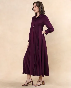 Rareism Women Vanadzor Purple Polyester Fabric Bishop Sleeve Collared Neck Button Closure Flared Maxi Plain Dress