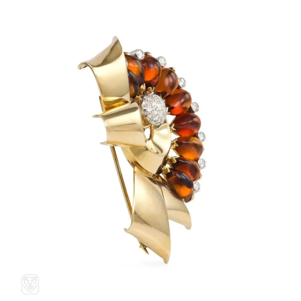 Retro citrine and diamond bow brooch