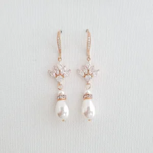 Rose Gold Pearl Drop Dangle Earrings for Weddings-Rosa