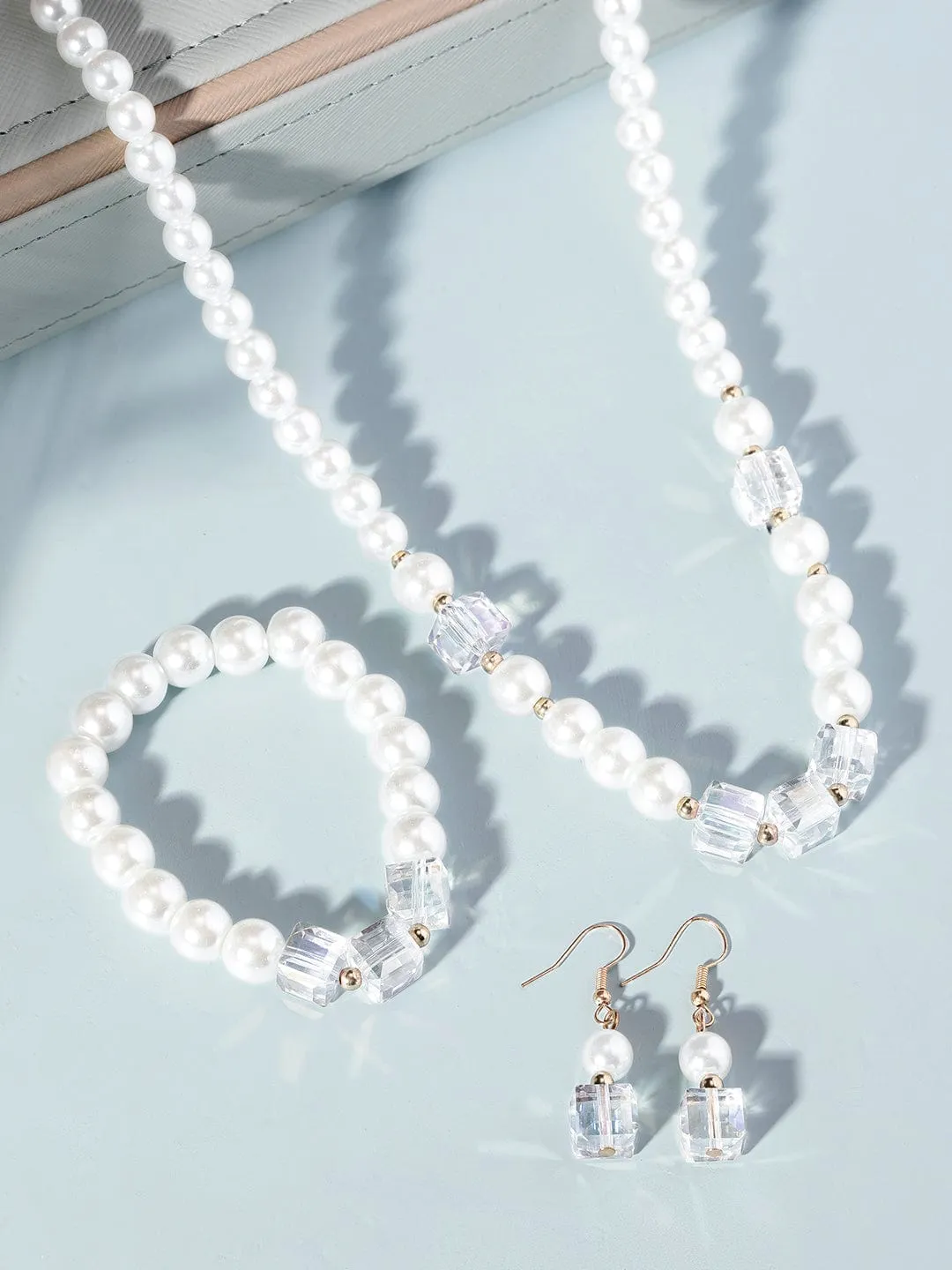 Rubans Cream Pearl & Crystal Beaded Classy Necklace Set