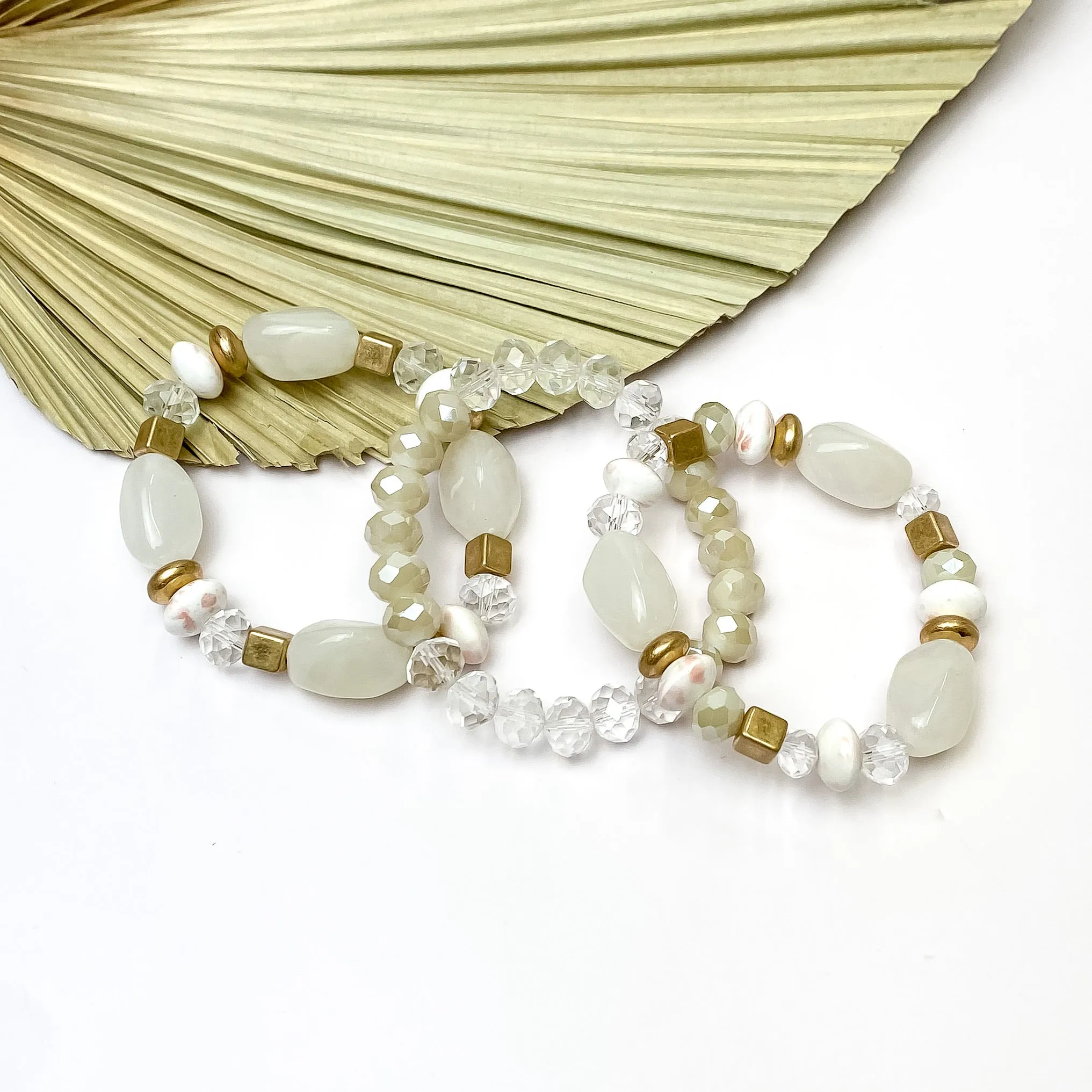 Set of Three | Coastal Charm Crystal and Marble Beaded Bracelet Set in Ivory