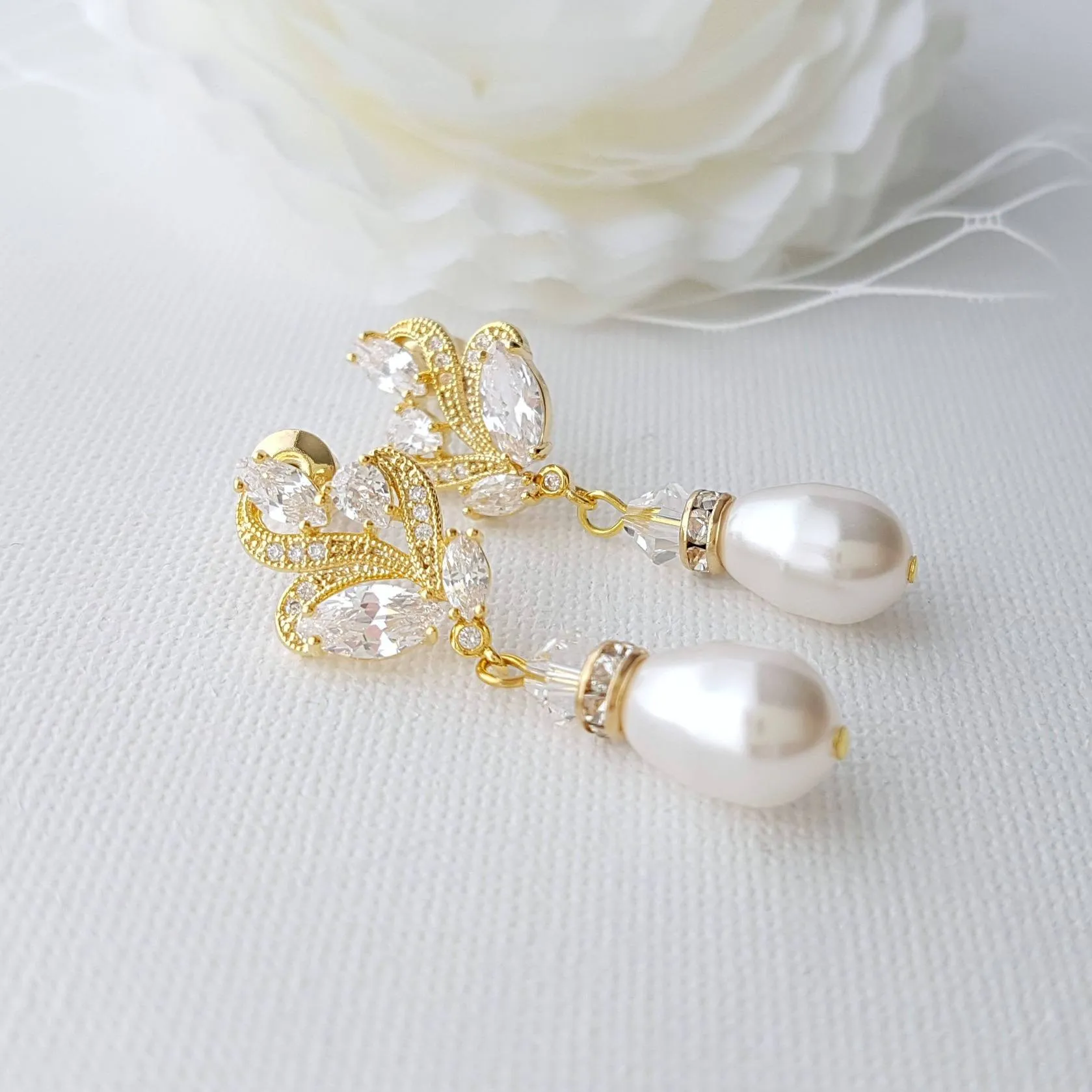 Silver Bridal Earrings With Pearl Drops-Wavy