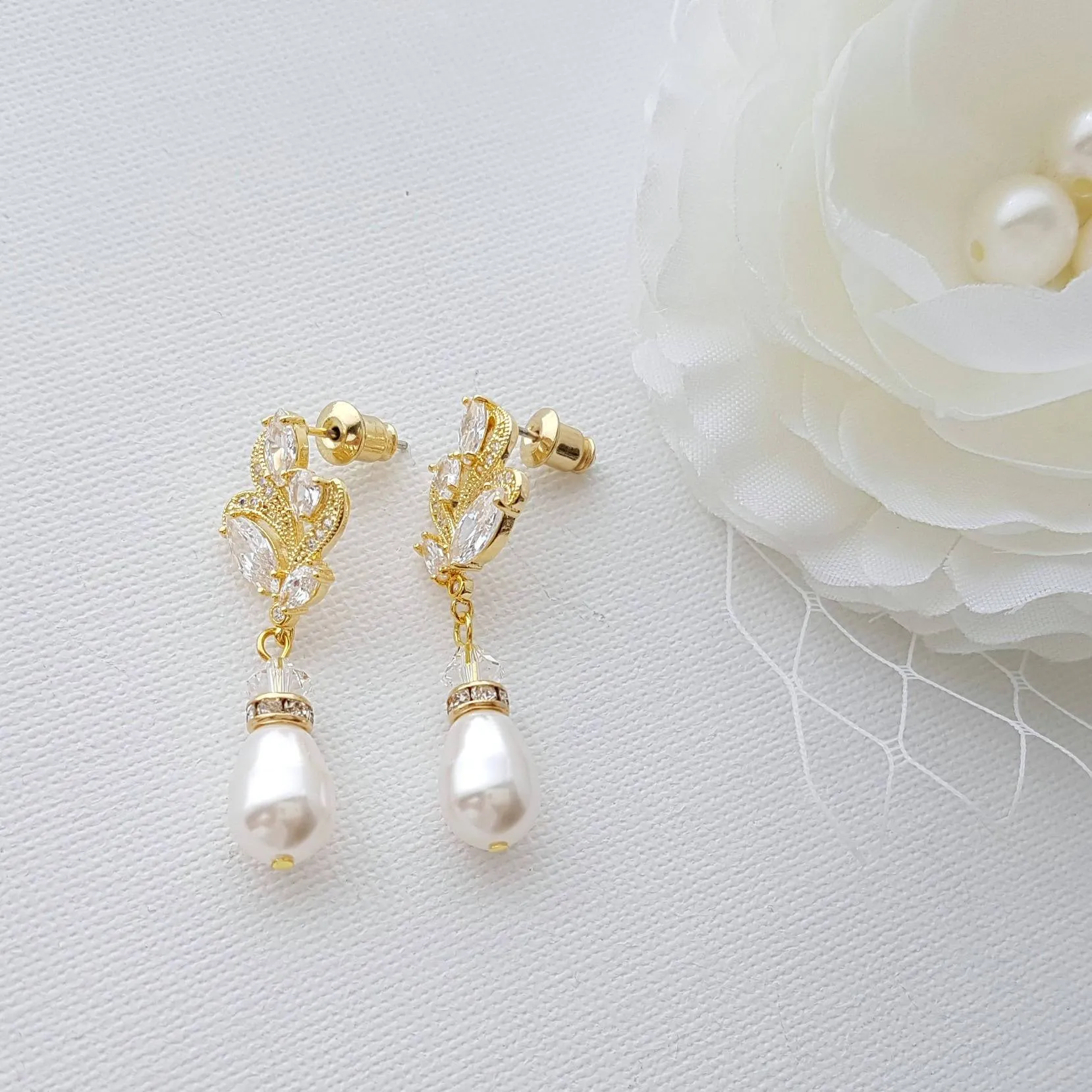 Silver Bridal Earrings With Pearl Drops-Wavy