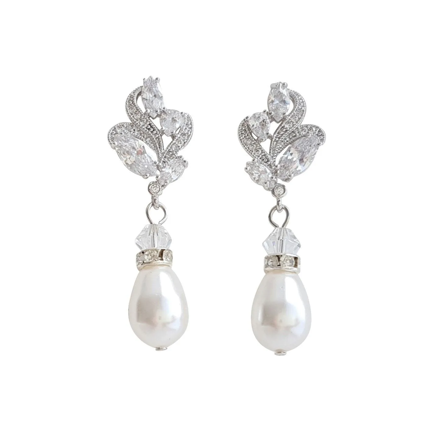 Silver Bridal Earrings With Pearl Drops-Wavy