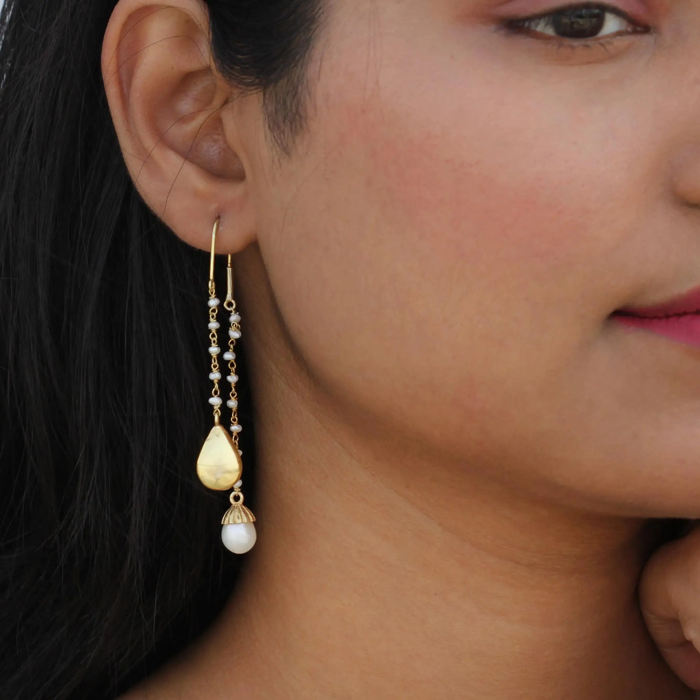 Silver Pearl and Gold Drop Earrings