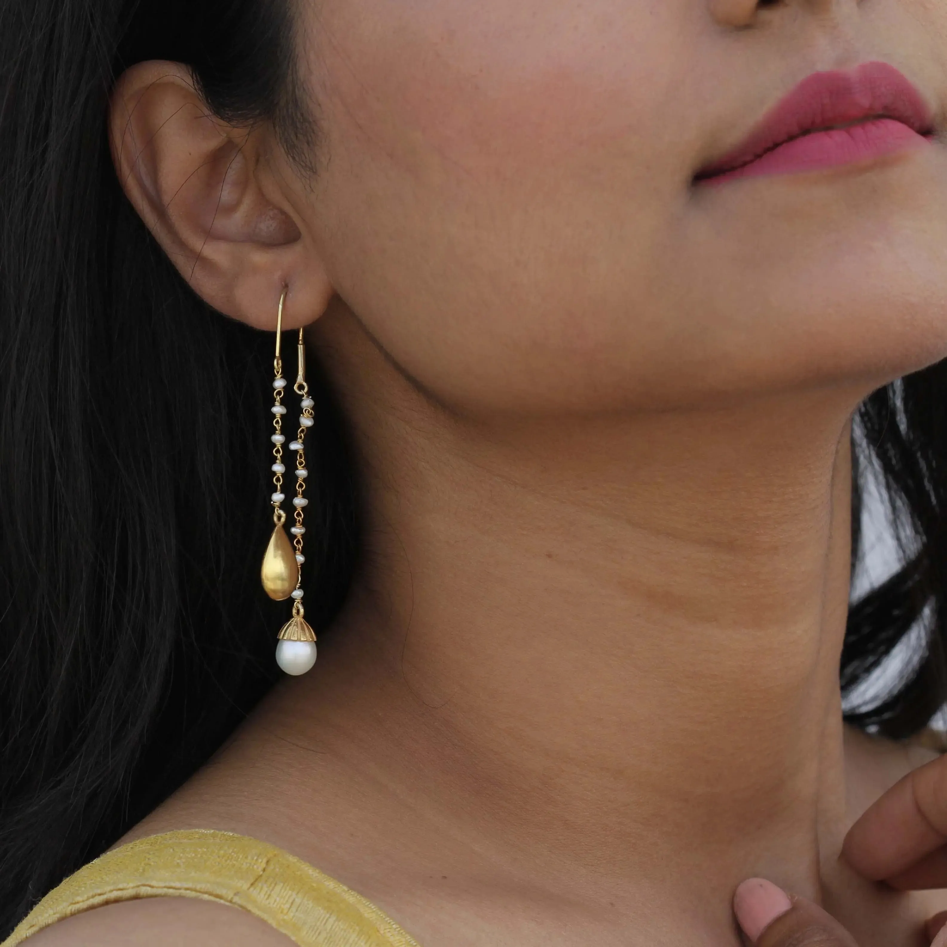 Silver Pearl and Gold Drop Earrings