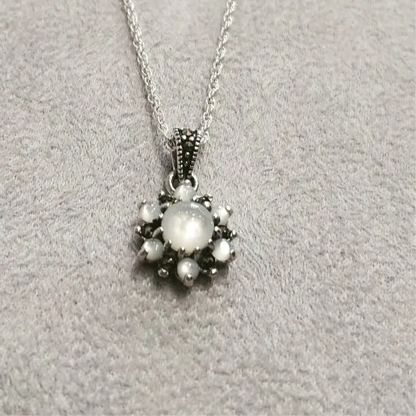 Sparkly Mother of Pearl Marcasite flower  Star Necklace