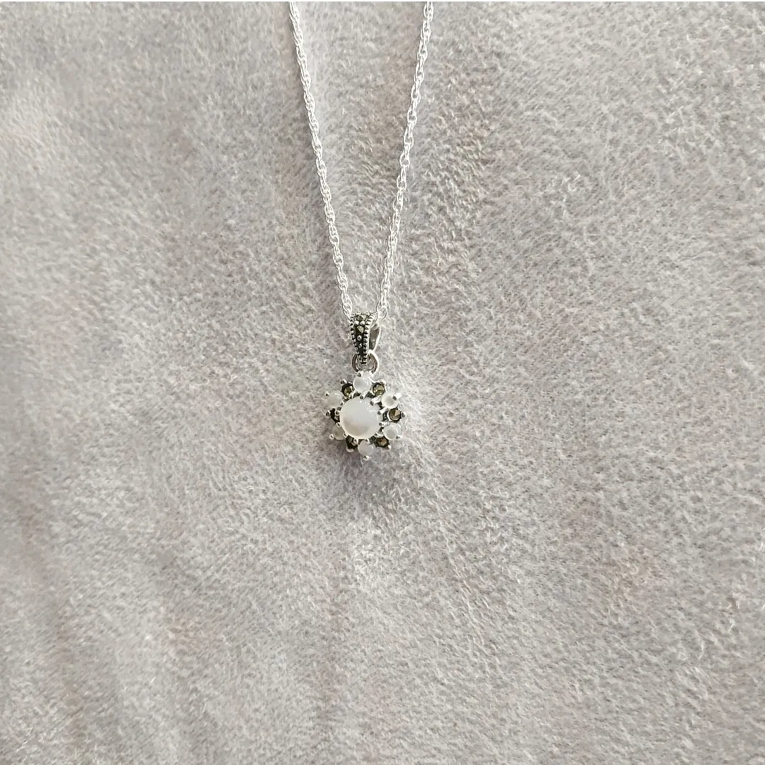 Sparkly Mother of Pearl Marcasite flower  Star Necklace