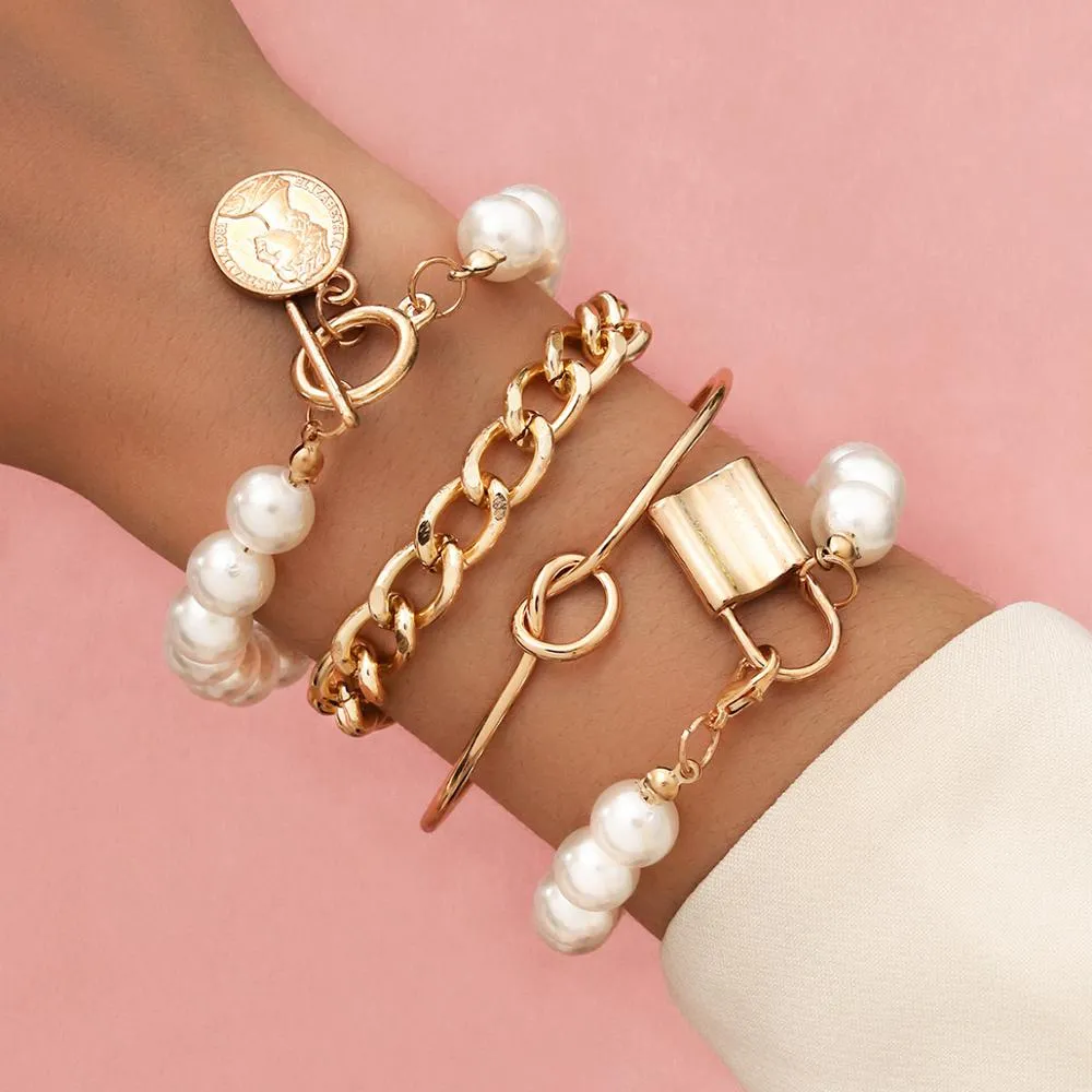 Sporty-Chic Imitation Pearls Lock Bracelets