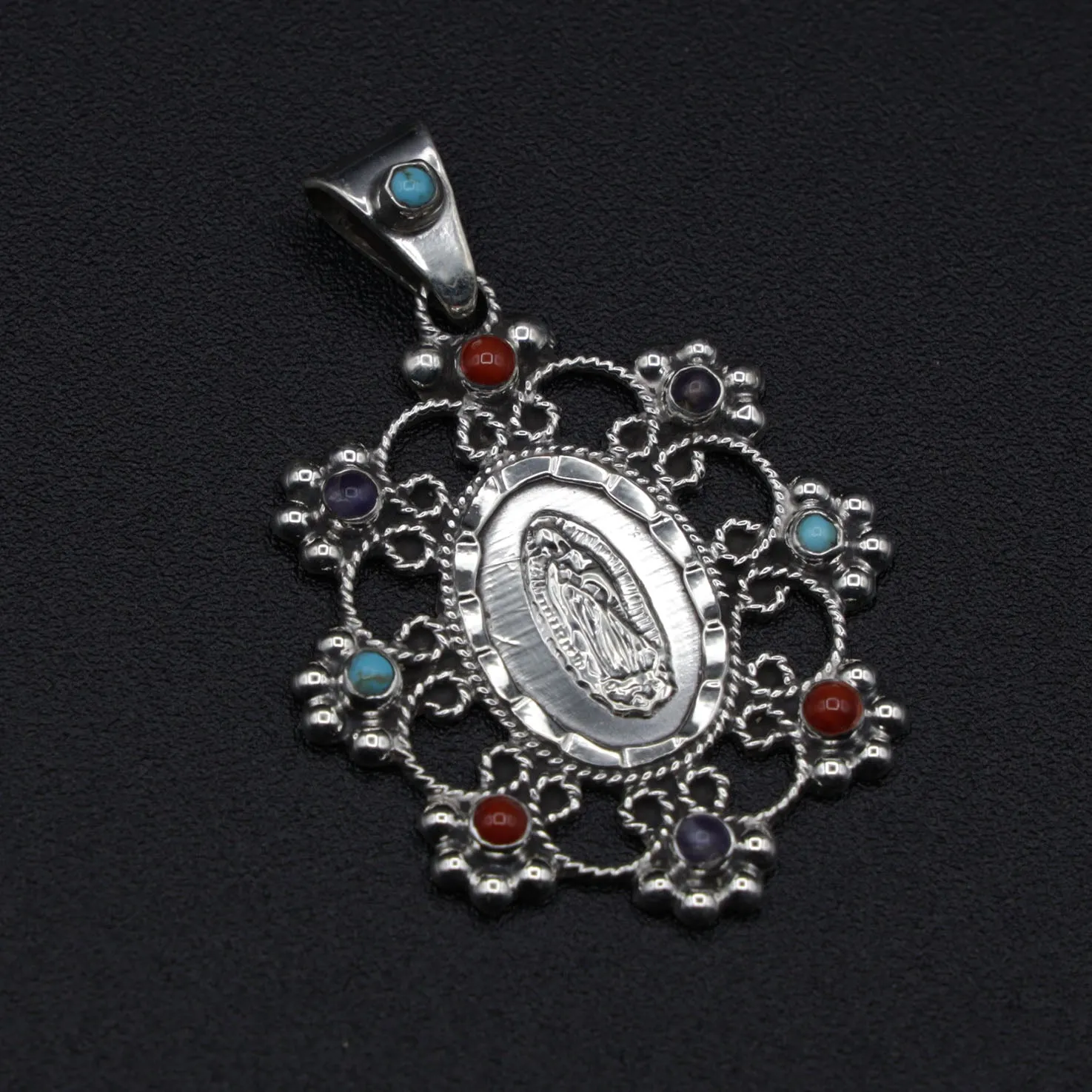 Sterling Silver Virgencita Baroque Gemstones Pendant