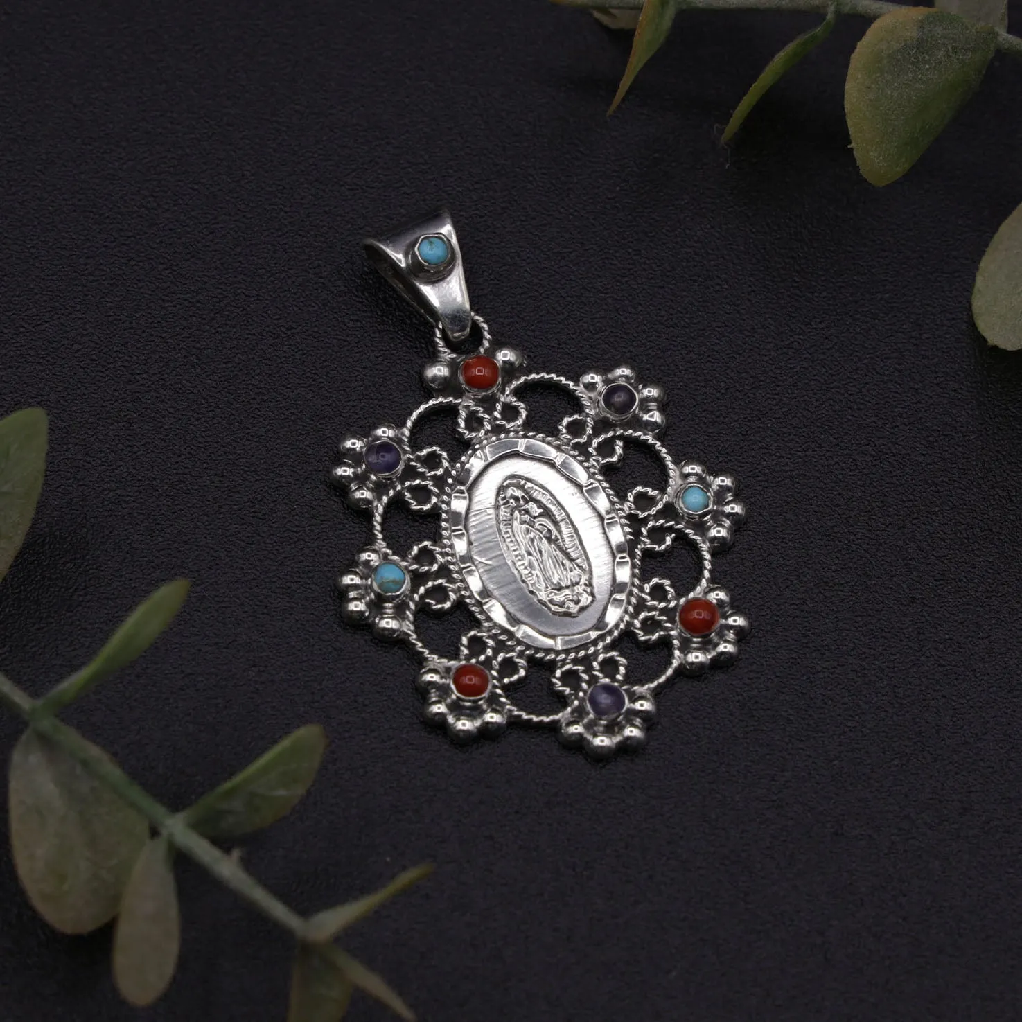 Sterling Silver Virgencita Baroque Gemstones Pendant