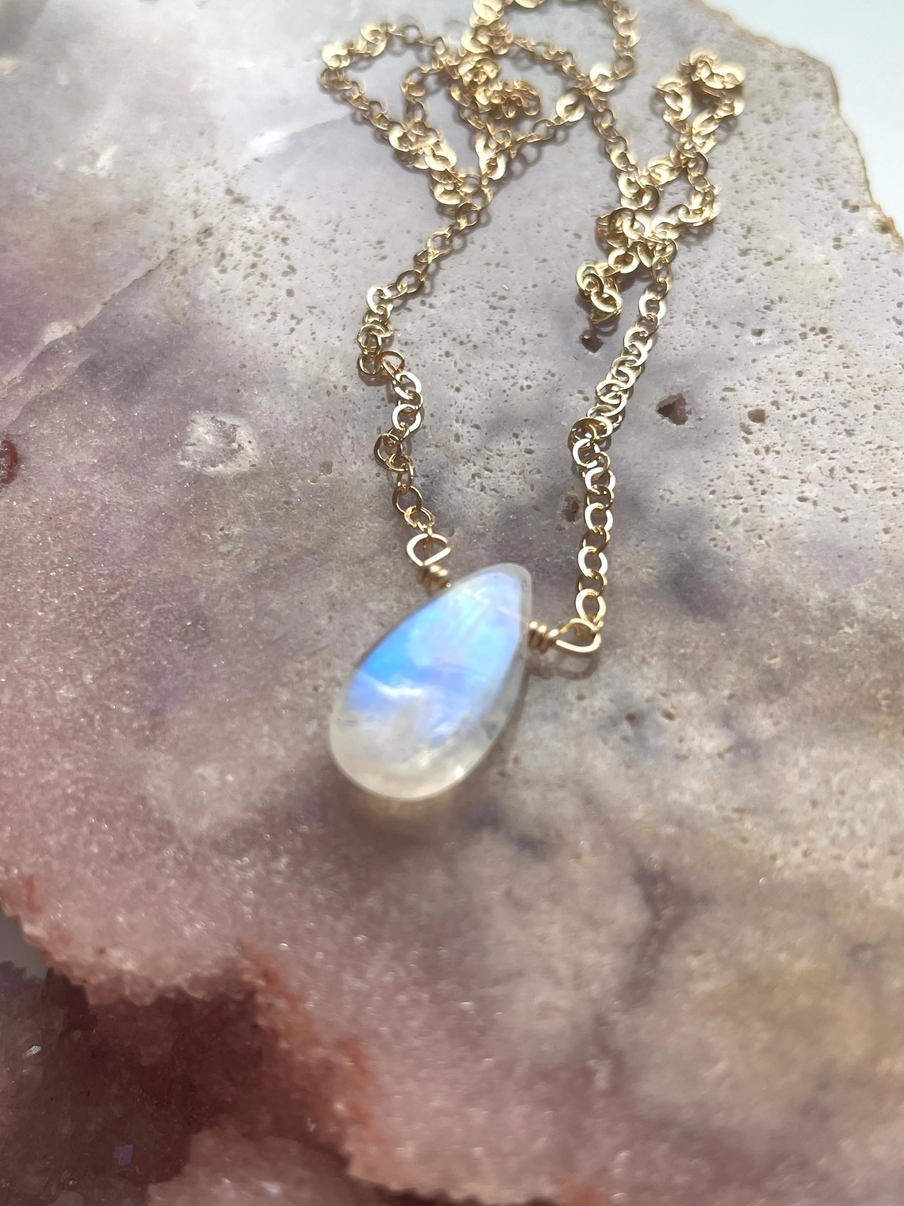 Tiny Rainbow Moonstone Pendant Necklace Sterling Silver or Gold Filled