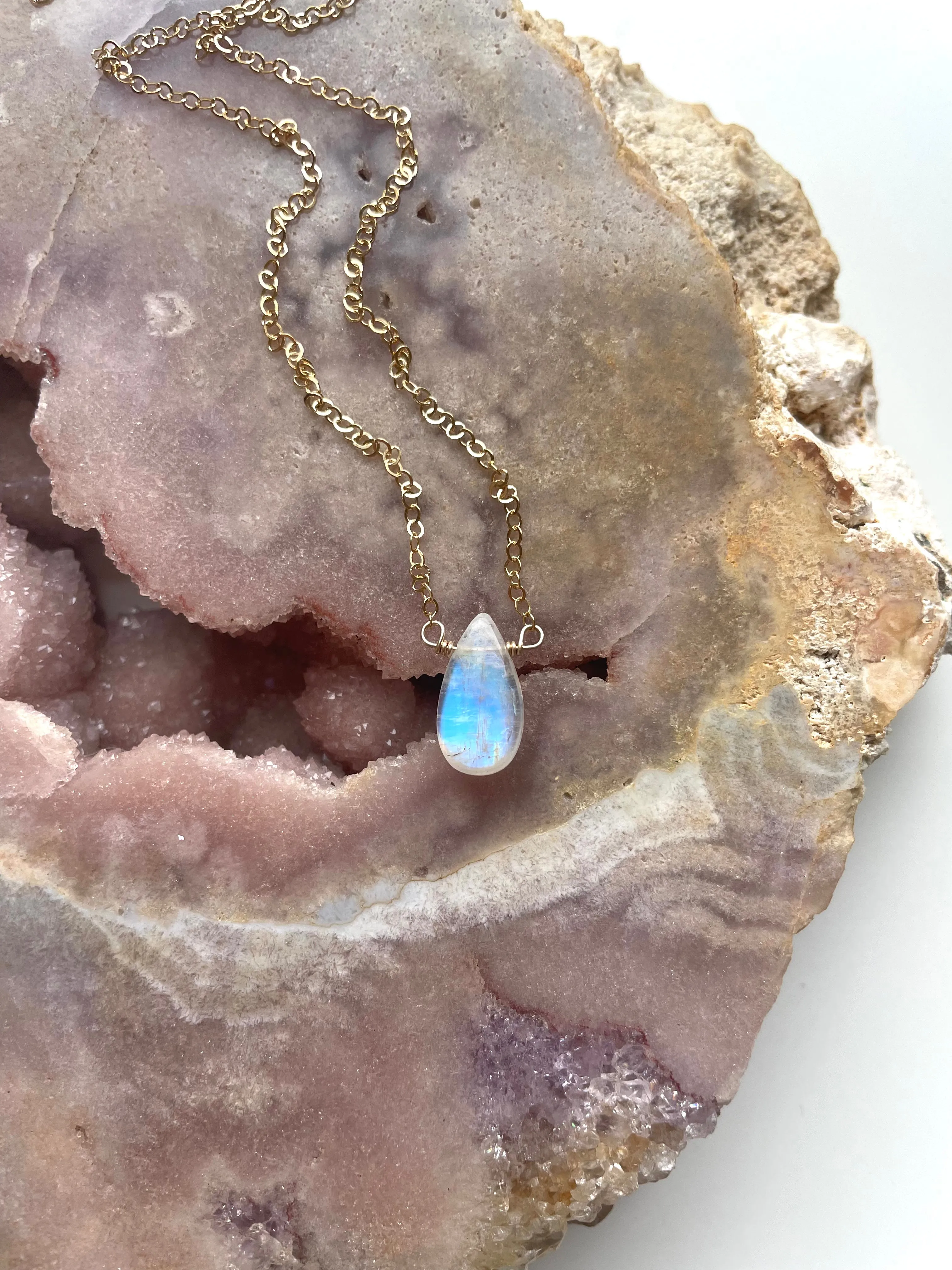 Tiny Rainbow Moonstone Pendant Necklace Sterling Silver or Gold Filled