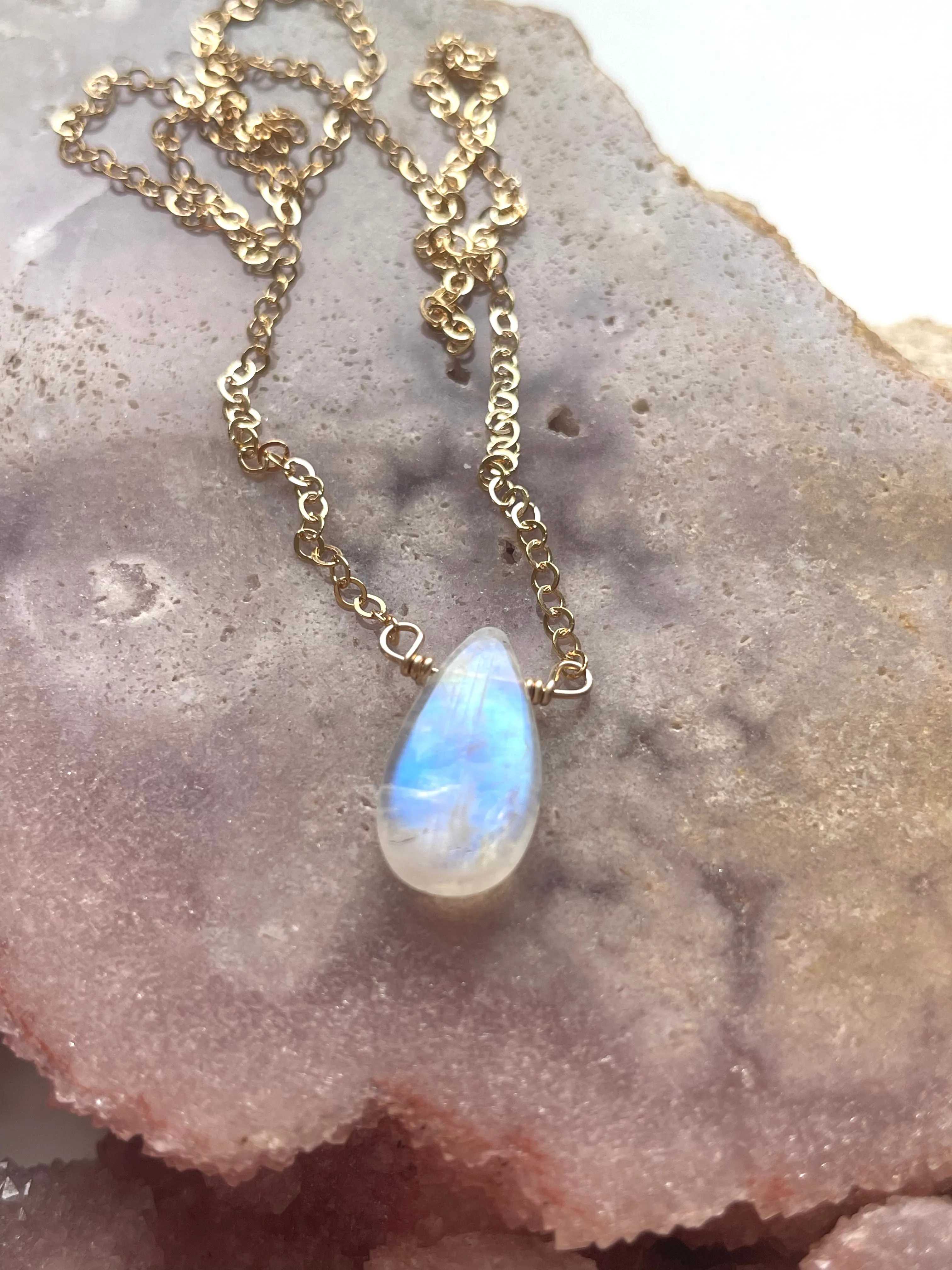 Tiny Rainbow Moonstone Pendant Necklace Sterling Silver or Gold Filled