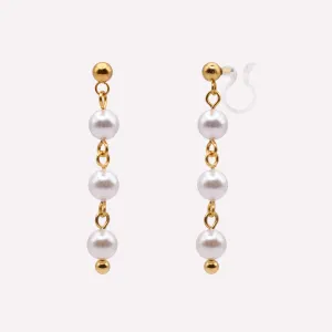 TRIPLE PEARL DANGLE CLIP-ON EARRINGS IN GOLD