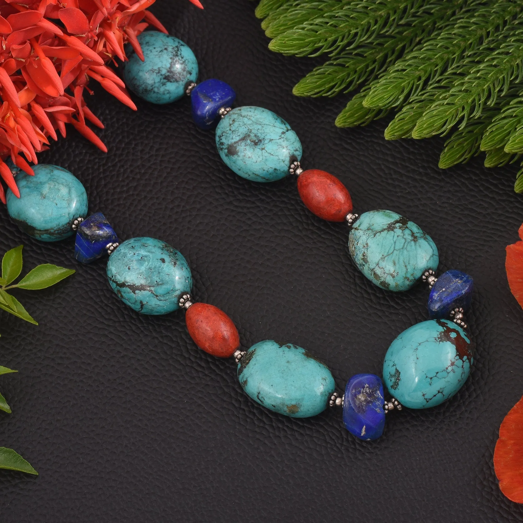 Turquoise Gemstone Beaded Necklace in 925 Sterling Silver