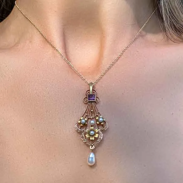 Vintage Amethyst & Pearl Lavalier Pendant