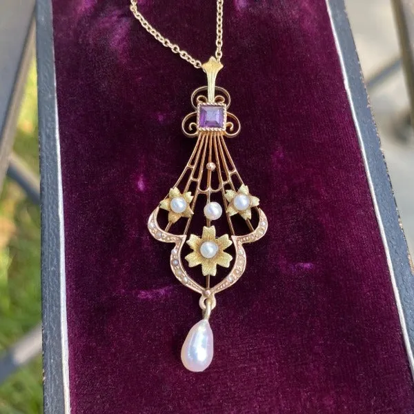 Vintage Amethyst & Pearl Lavalier Pendant