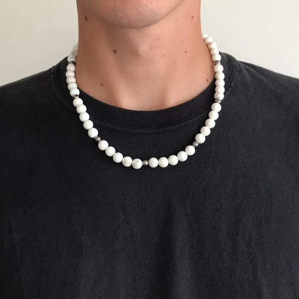 White Magnesite Mens Beaded Necklace