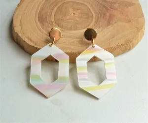 White Pastel Rainbow Acrylic Big Geometric Statement Dangle Womens Earrings - Janet