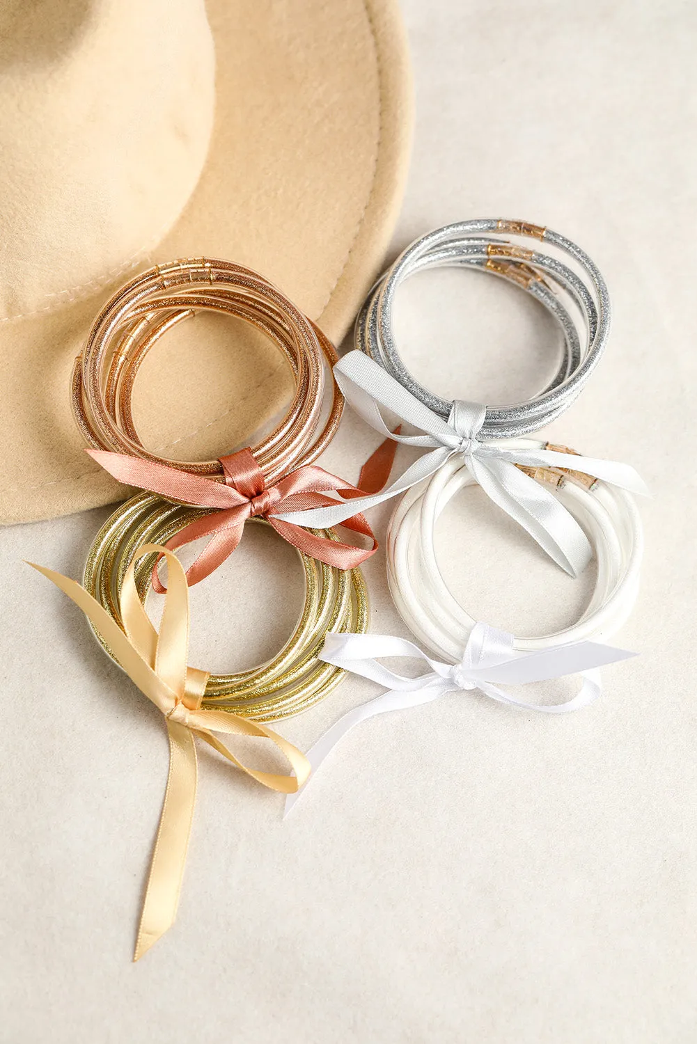 Yellow 5pcs Glitter Vegan Leather Bow Knot Ribbon Bracelet Set