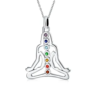 Yoga Chakra Buddha Pendant Necklace with Multi-Color Stones in Sterling Silver